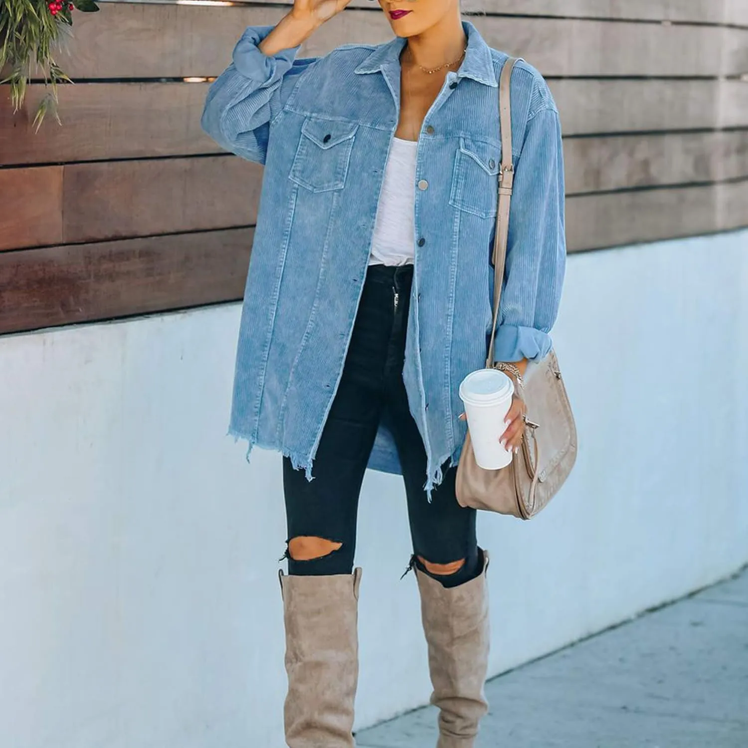 Hixiaohe Women's Casual Oversized Button Down Corduroy Shirt Jacket Coat Washed Retro Shacket