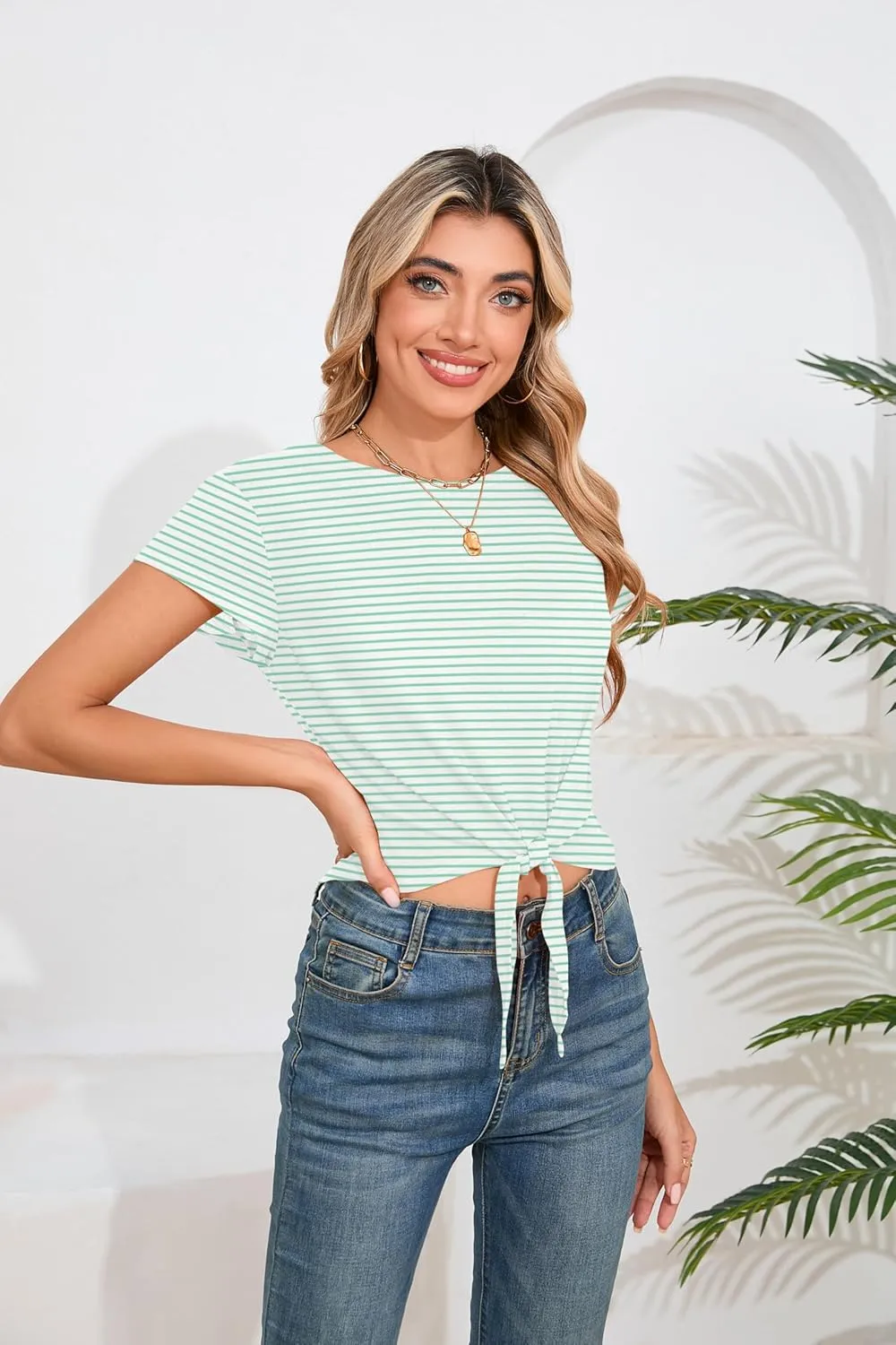 Iandroiy Women's Summer Causal Short Sleeve Blouse Round Neck Crop Tops Twist Front Tee T-Shirt