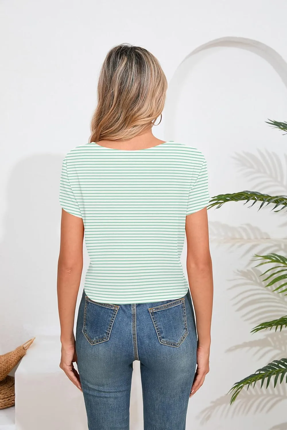 Iandroiy Women's Summer Causal Short Sleeve Blouse Round Neck Crop Tops Twist Front Tee T-Shirt