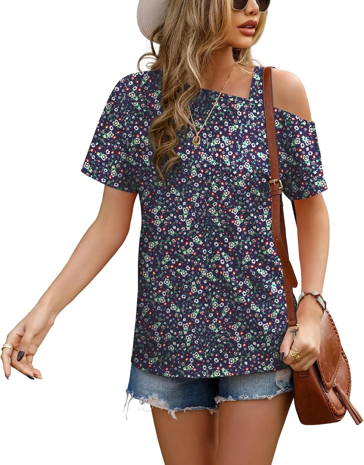 JINKESI Women's Short Sleeve Tunic Tops Casual Summer Cold Shoulder Blouse Shirts