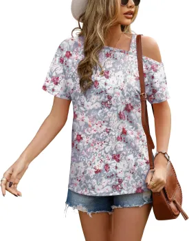 JINKESI Women's Short Sleeve Tunic Tops Casual Summer Cold Shoulder Blouse Shirts