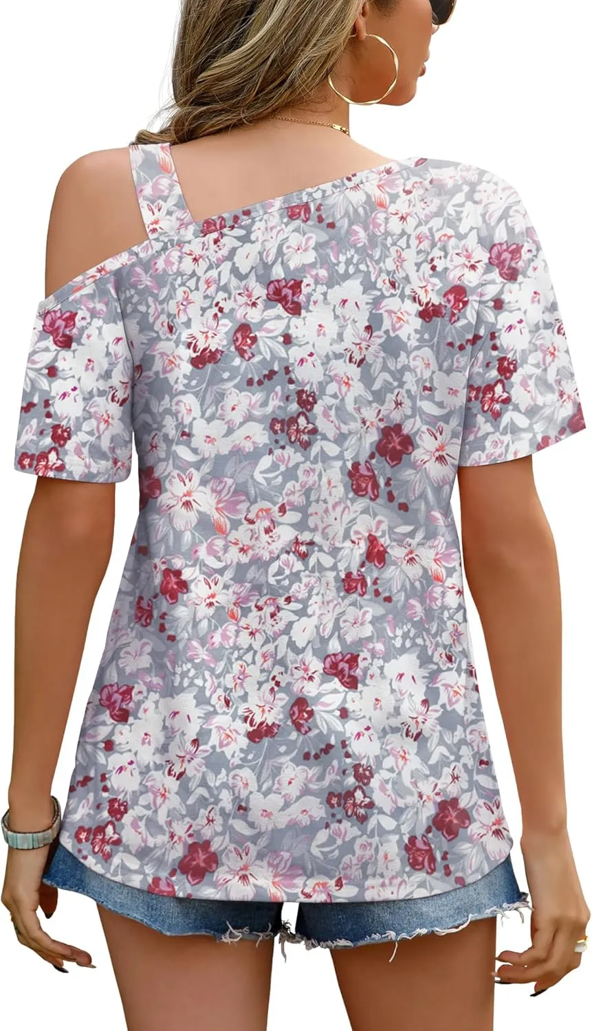 JINKESI Women's Short Sleeve Tunic Tops Casual Summer Cold Shoulder Blouse Shirts