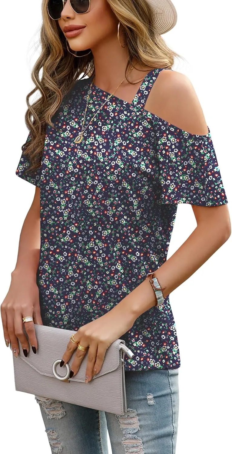 JINKESI Women's Short Sleeve Tunic Tops Casual Summer Cold Shoulder Blouse Shirts