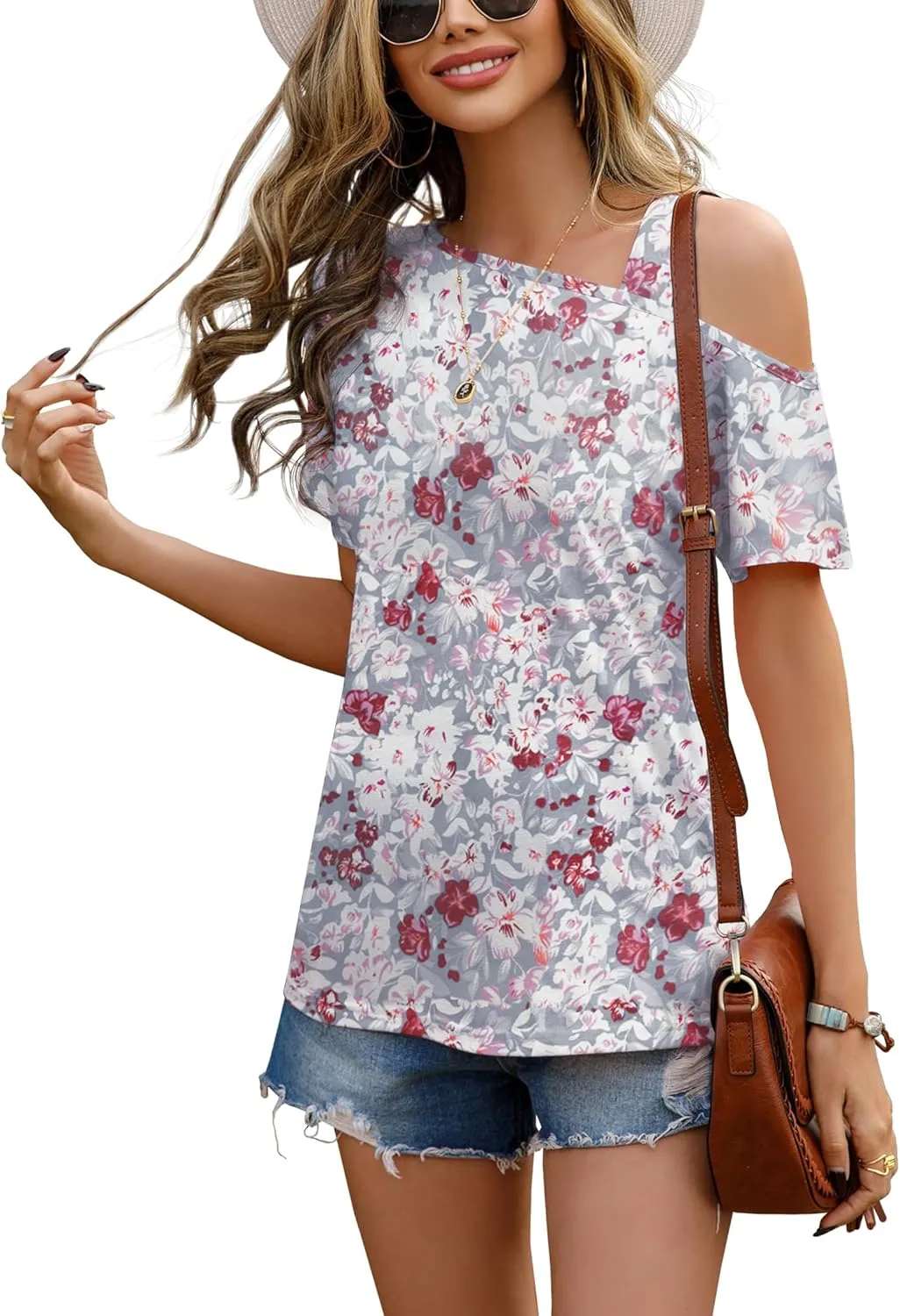 JINKESI Women's Short Sleeve Tunic Tops Casual Summer Cold Shoulder Blouse Shirts