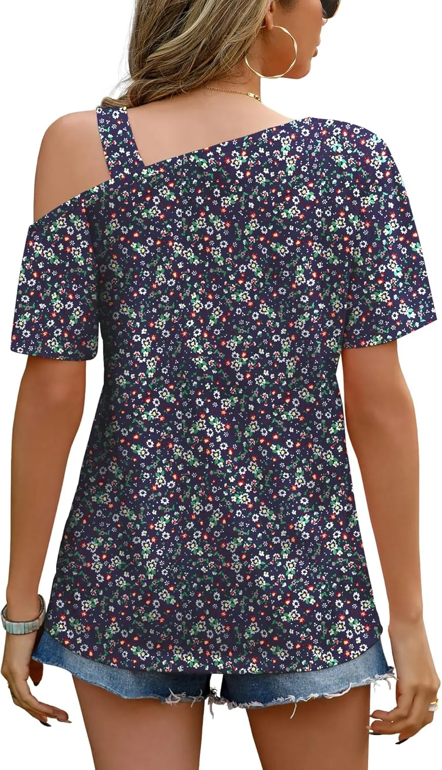 JINKESI Women's Short Sleeve Tunic Tops Casual Summer Cold Shoulder Blouse Shirts