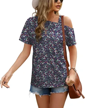 JINKESI Women's Short Sleeve Tunic Tops Casual Summer Cold Shoulder Blouse Shirts