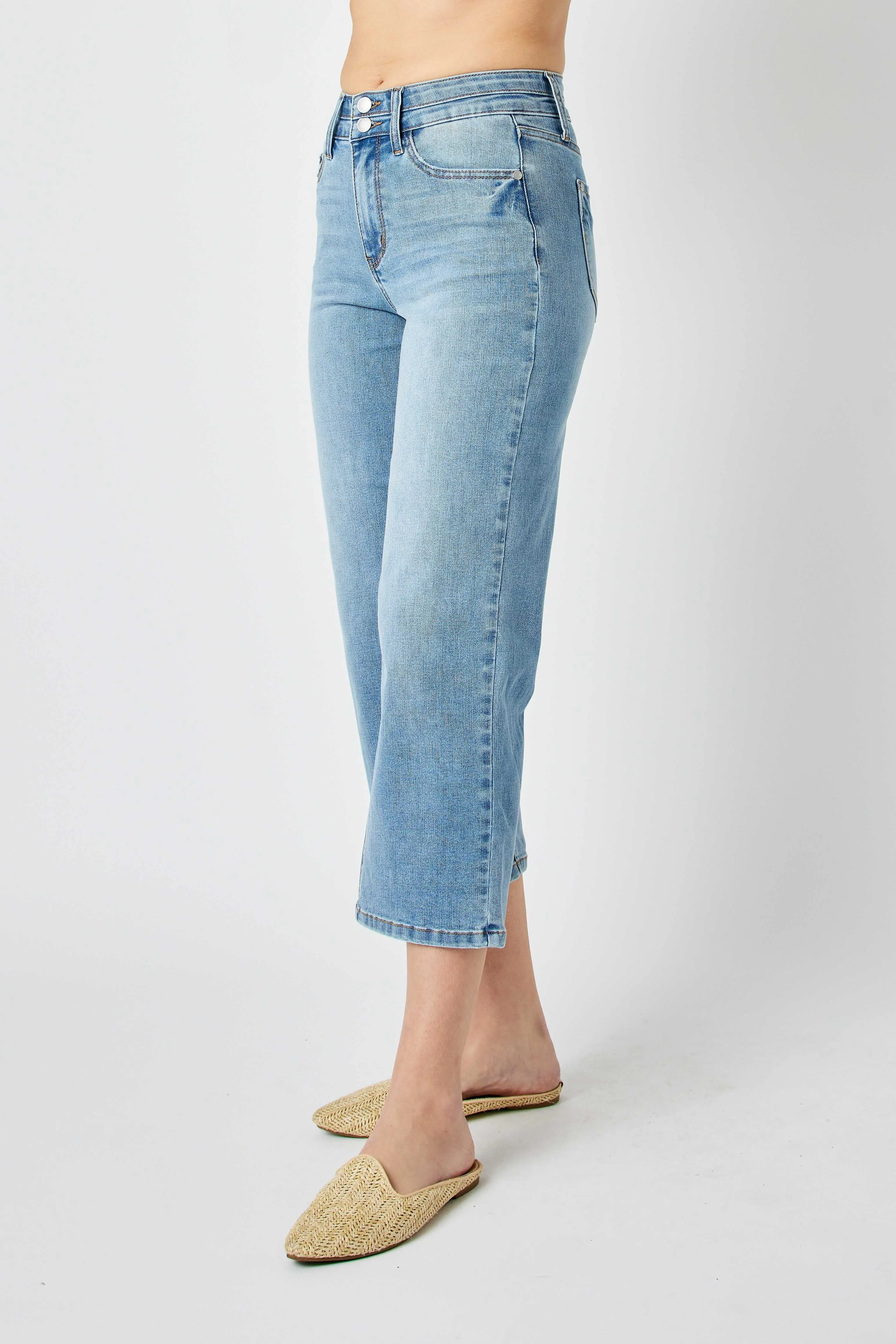 Judy Blue High Waist Double Button Waistband Wide Leg Crop Denim 88616