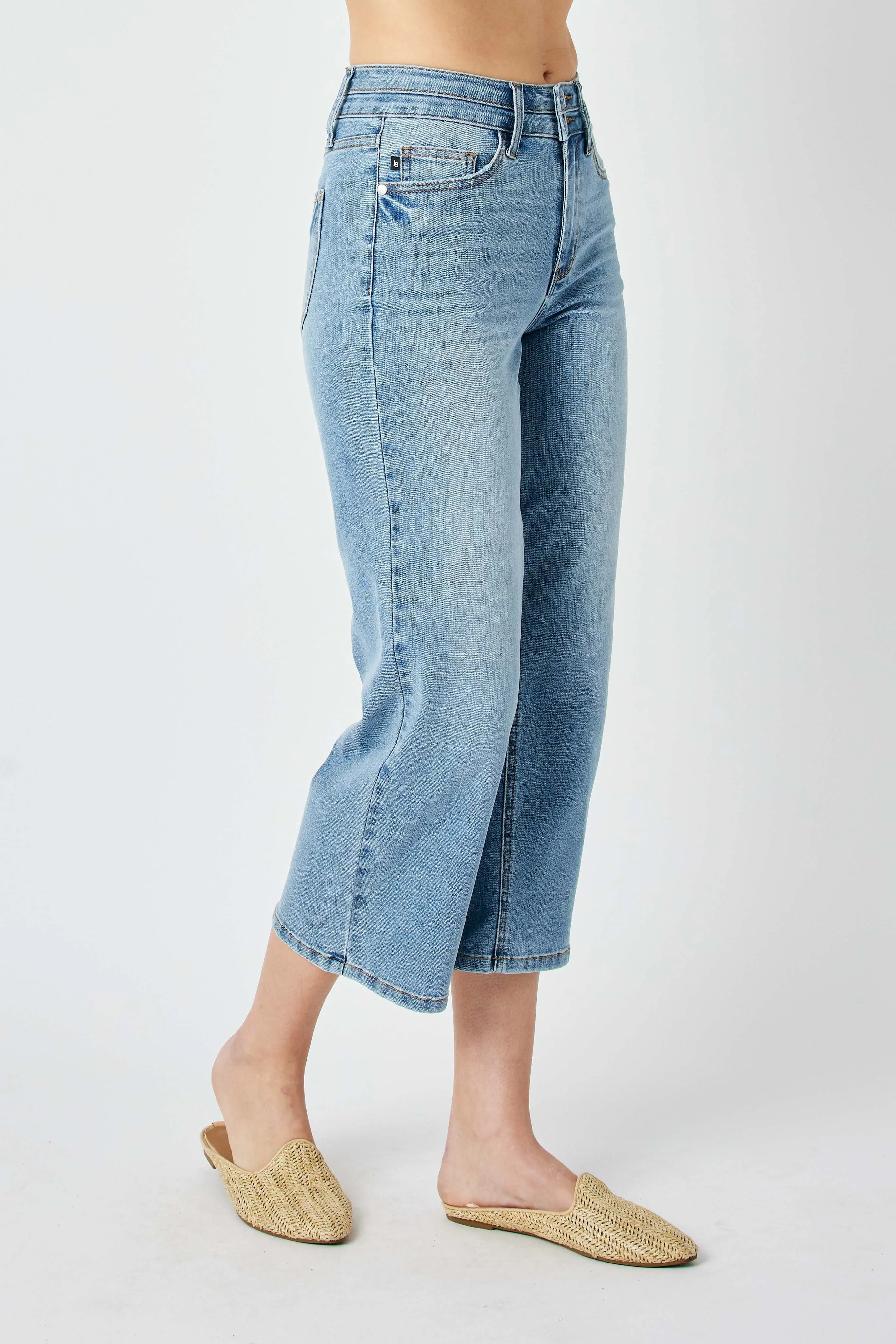 Judy Blue High Waist Double Button Waistband Wide Leg Crop Denim 88616