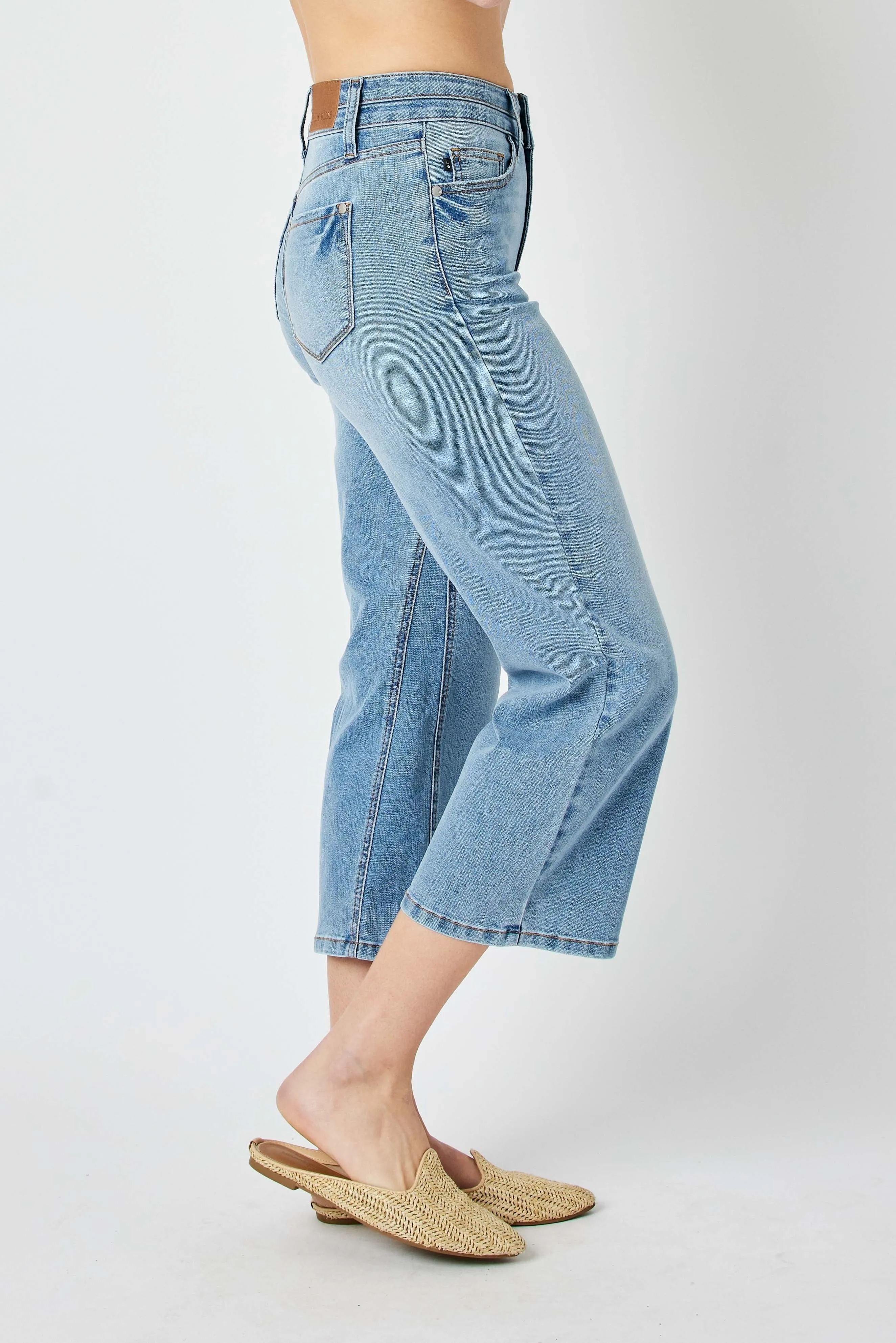 Judy Blue High Waist Double Button Waistband Wide Leg Crop Denim 88616