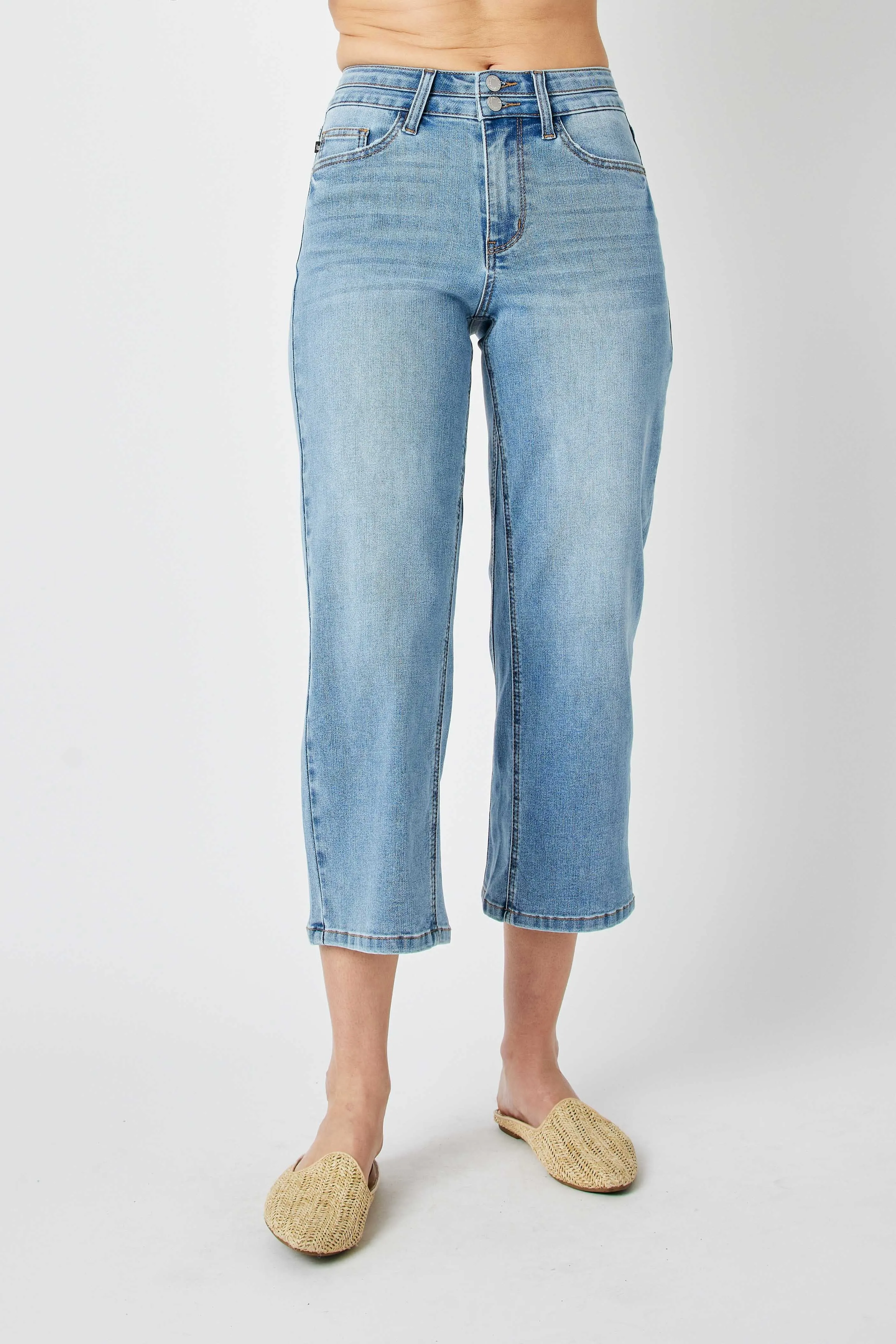Judy Blue High Waist Double Button Waistband Wide Leg Crop Denim 88616