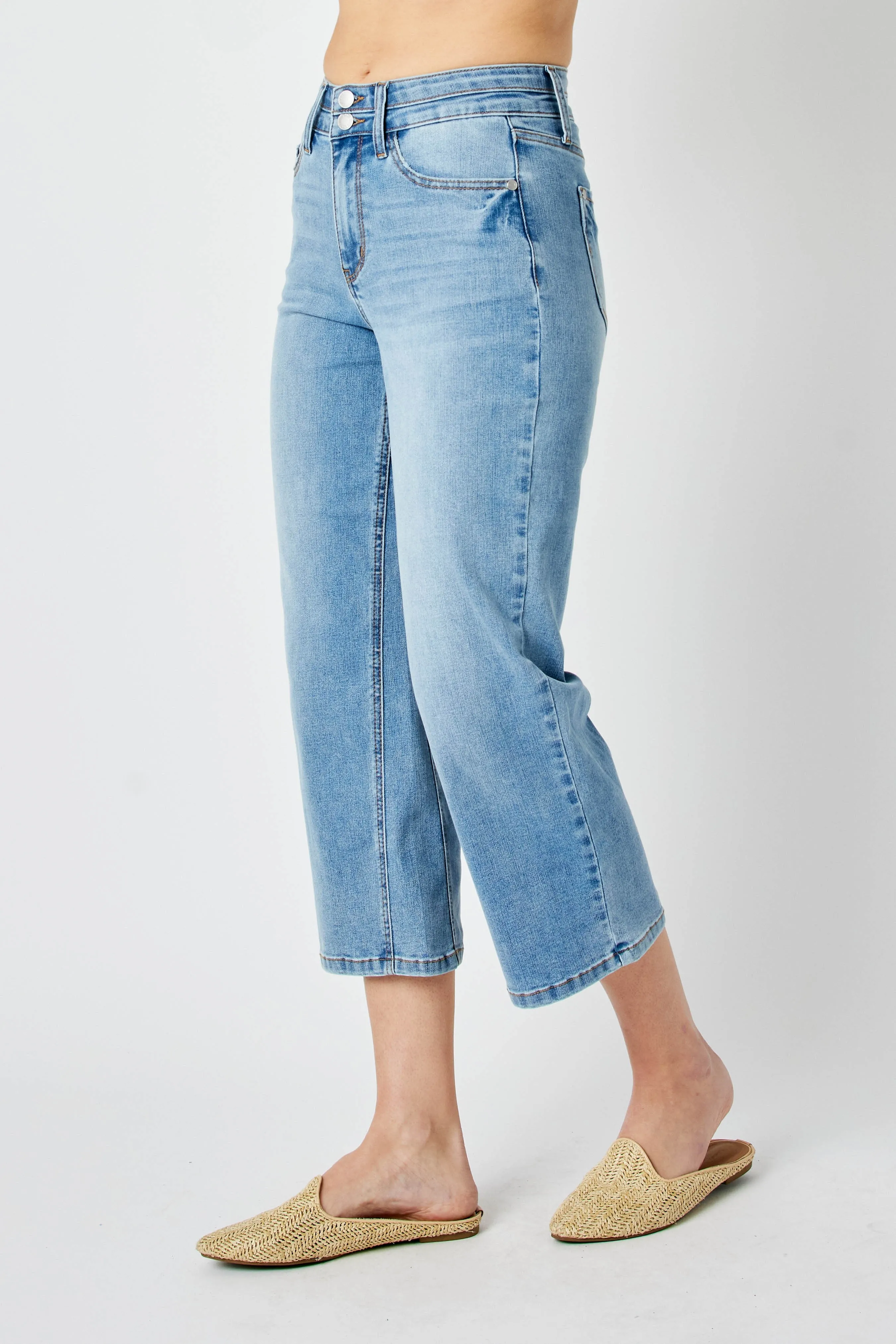 Judy Blue High Waist Double Button Waistband Wide Leg Crop Denim 88616