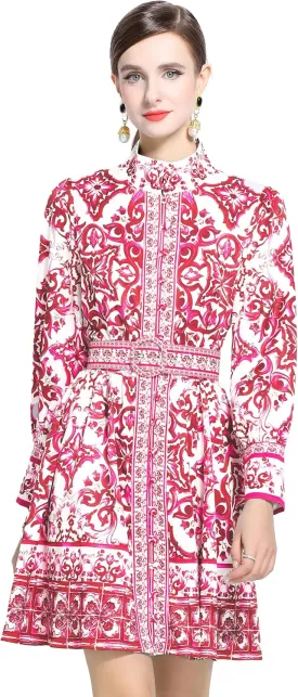 LAI MENG FIVE CATS Women's Button up Floral Print Long Sleeve Casual A-line Mini Shirt Dress with Belt