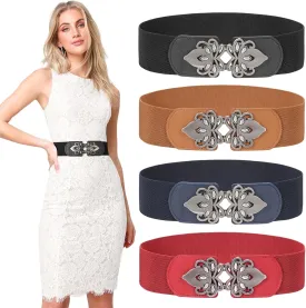 LEACOOLKEY 4 Pack Women Wide Elastic Waist Belt for Dress Vintage Stretch Cinch Belt Retro Buckle 2.36" Width