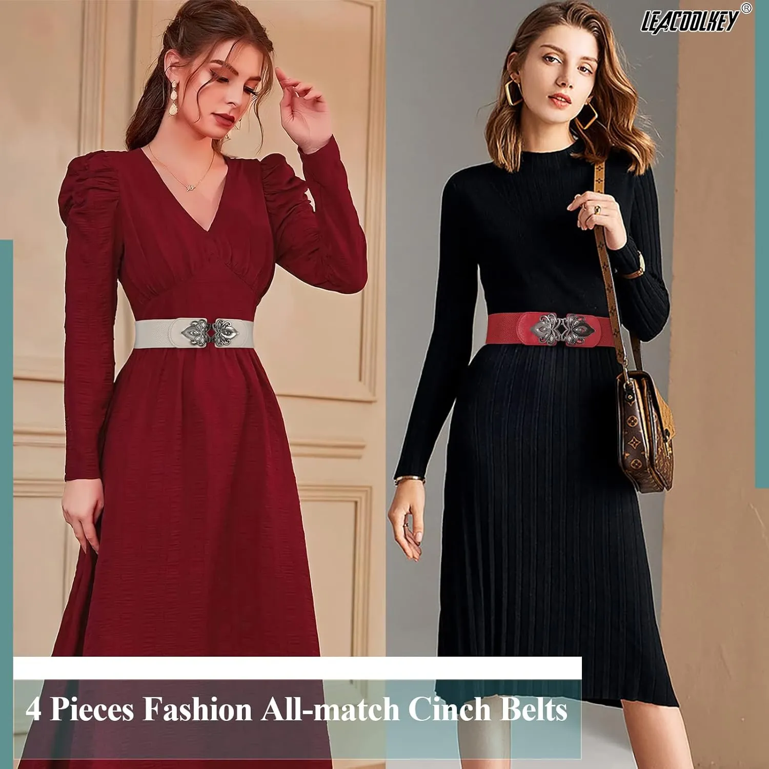 LEACOOLKEY 4 Pack Women Wide Elastic Waist Belt for Dress Vintage Stretch Cinch Belt Retro Buckle 2.36" Width