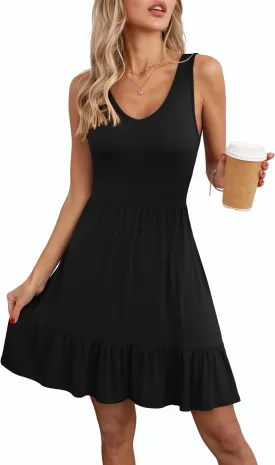 LILBETTER Women's Sleeveless Casual V Neck Summer Sundresses Pleated Ruffle Hem Knee Length Tank Dress with Pockets
