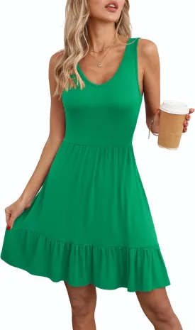 LILBETTER Women's Sleeveless Casual V Neck Summer Sundresses Pleated Ruffle Hem Knee Length Tank Dress with Pockets