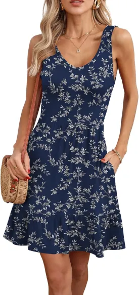 LILBETTER Women's Sleeveless Casual V Neck Summer Sundresses Pleated Ruffle Hem Knee Length Tank Dress with Pockets