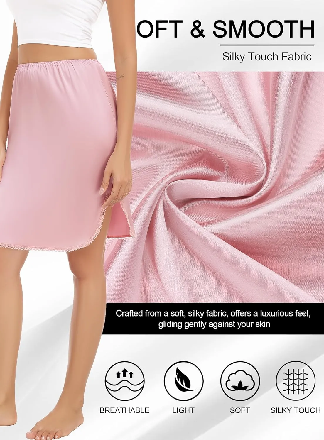 Lovasy Half Slips for Women Silk Underskirt Anti-Static Short Mini Skirt with Floral Lace Trim Satin Slip Dress for Skirt