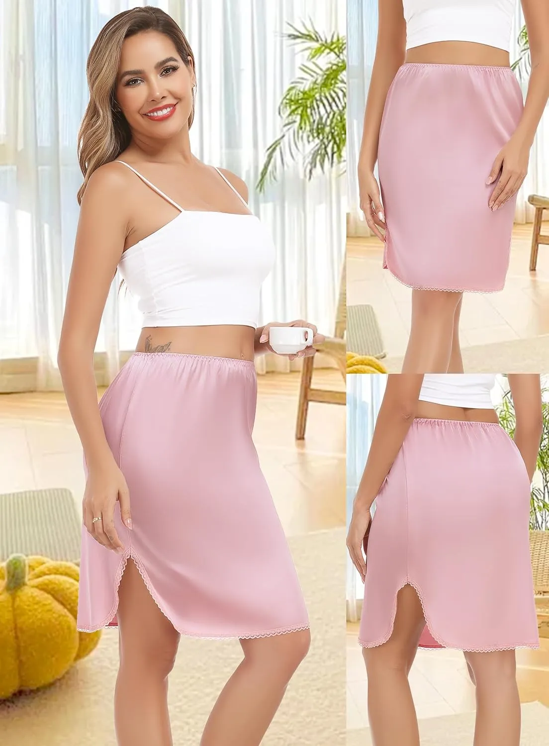 Lovasy Half Slips for Women Silk Underskirt Anti-Static Short Mini Skirt with Floral Lace Trim Satin Slip Dress for Skirt