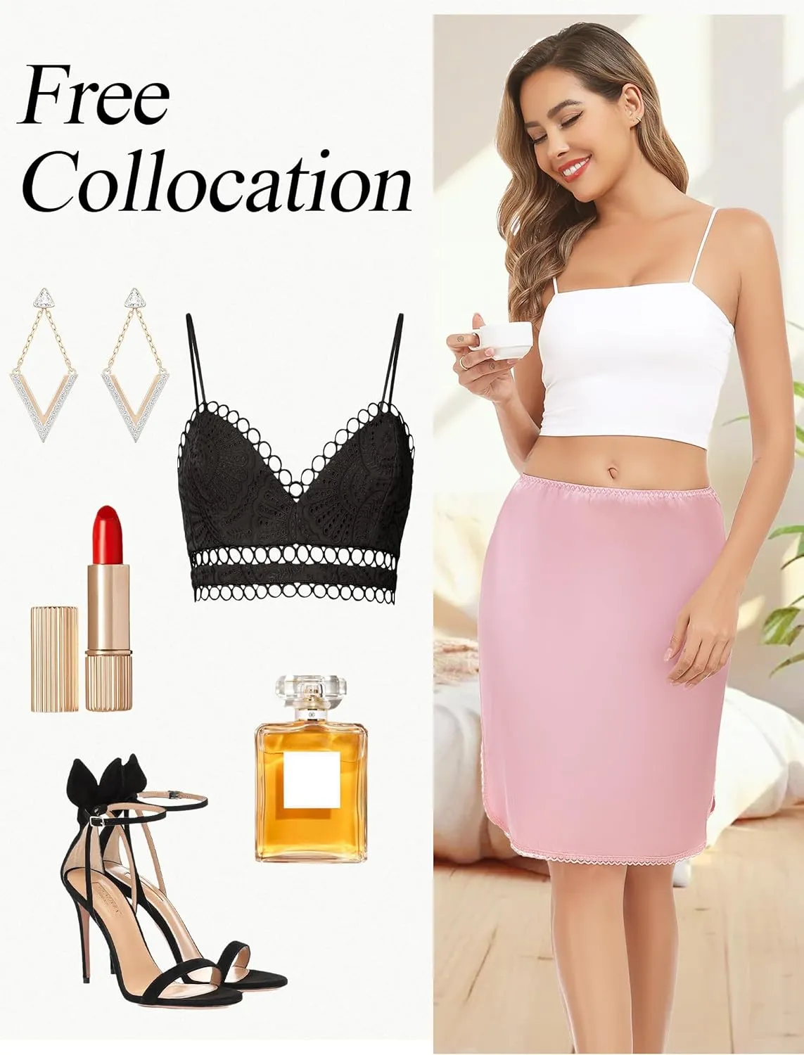 Lovasy Half Slips for Women Silk Underskirt Anti-Static Short Mini Skirt with Floral Lace Trim Satin Slip Dress for Skirt