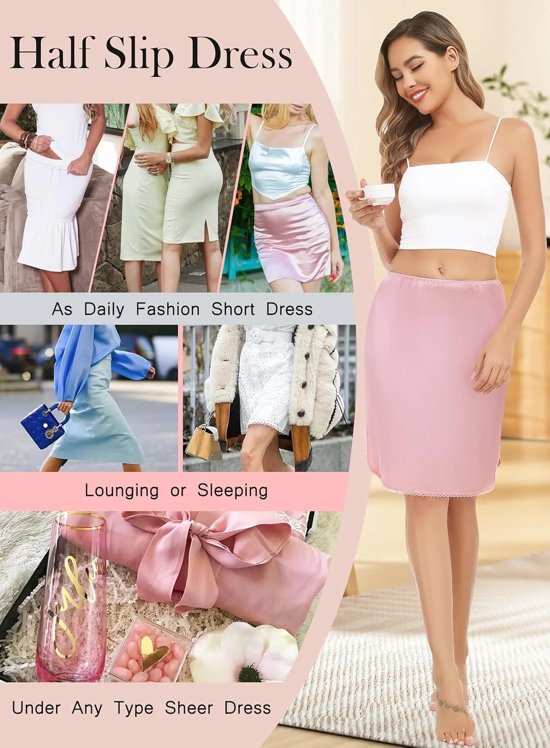 Lovasy Half Slips for Women Silk Underskirt Anti-Static Short Mini Skirt with Floral Lace Trim Satin Slip Dress for Skirt