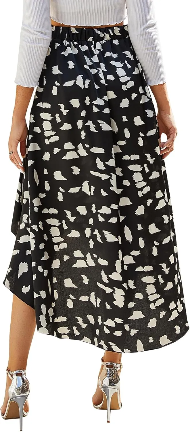 LYANER Women's Floral Printed Split High Low Ruffle Hem Elastic Waist Midi Skirt