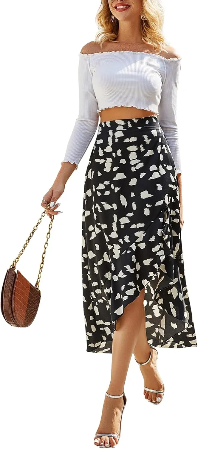 LYANER Women's Floral Printed Split High Low Ruffle Hem Elastic Waist Midi Skirt