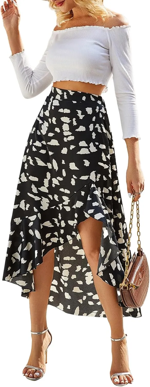 LYANER Women's Floral Printed Split High Low Ruffle Hem Elastic Waist Midi Skirt