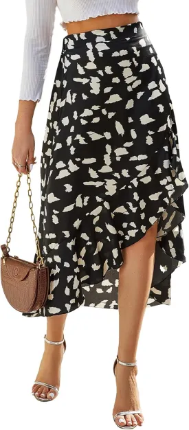 LYANER Women's Floral Printed Split High Low Ruffle Hem Elastic Waist Midi Skirt