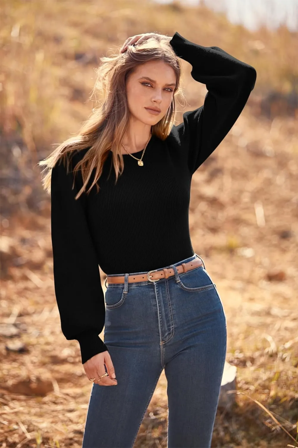 MASCOMODA Long Puff Sleeve Sweaters for Women 2025 Fall Winter Crewneck Knit Ribbed Bodysuit Pullover Tops
