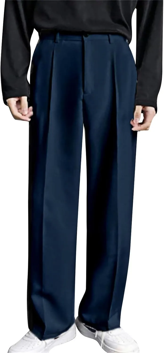 Mens Dress Pants Wide Leg Pleat Front Long Pants High Waisted Button Zipper Fly Suit Trousers Business Work Clothes