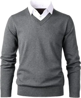 Men's Knit Sweater Fashion Pullover Soft Touch V-Neck Sweatshirt Top with Plaid or White Mock Shirt Collar
