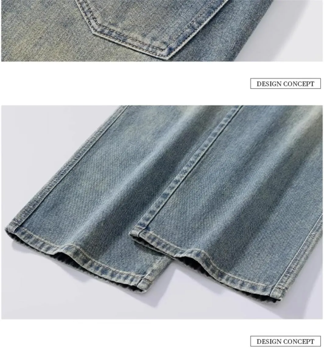 Men's Summer Baggy Lightweight Cotton Wide Leg Straight Denim Pants Loose Fit Blue Jean Trousers