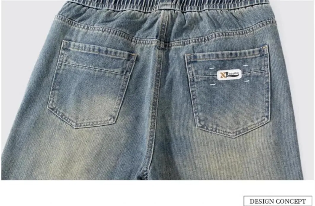Men's Summer Baggy Lightweight Cotton Wide Leg Straight Denim Pants Loose Fit Blue Jean Trousers