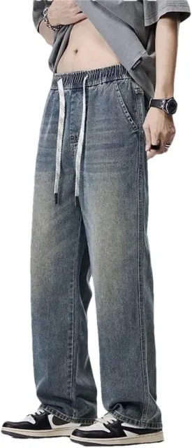 Men's Summer Baggy Lightweight Cotton Wide Leg Straight Denim Pants Loose Fit Blue Jean Trousers