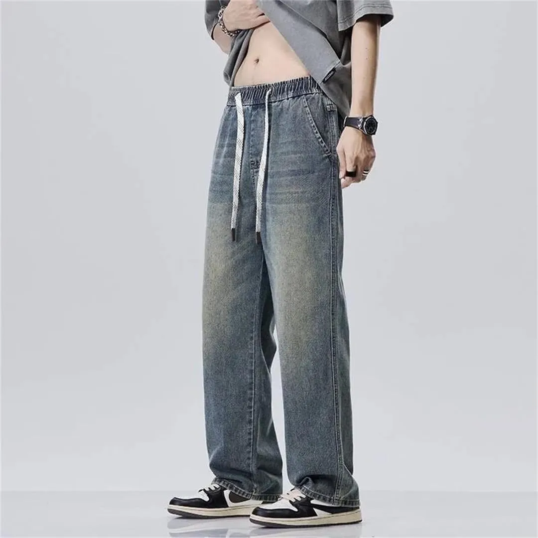 Men's Summer Baggy Lightweight Cotton Wide Leg Straight Denim Pants Loose Fit Blue Jean Trousers