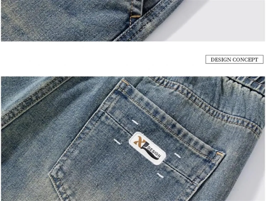 Men's Summer Baggy Lightweight Cotton Wide Leg Straight Denim Pants Loose Fit Blue Jean Trousers