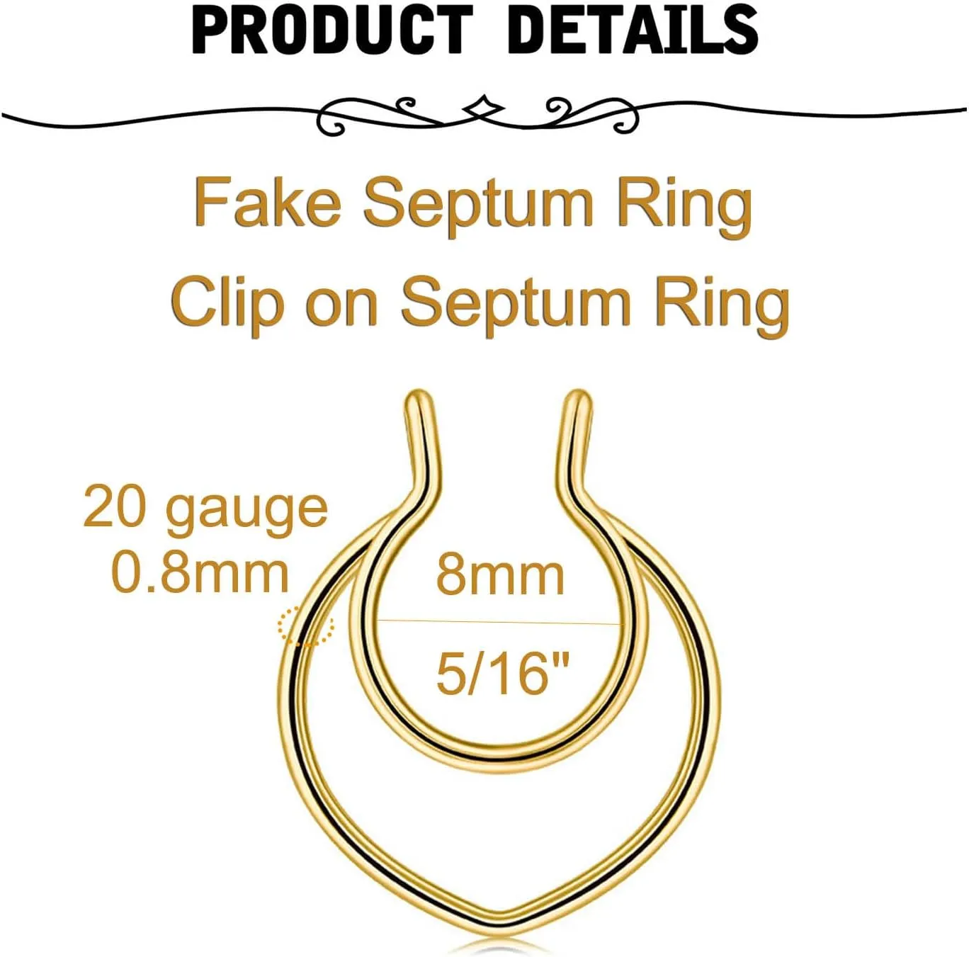 MODRSA Faux Septum Nose Rings - Clip on Septum Ring, Non Piercing Fake Nose Jewelry - Silver, Gold, Black