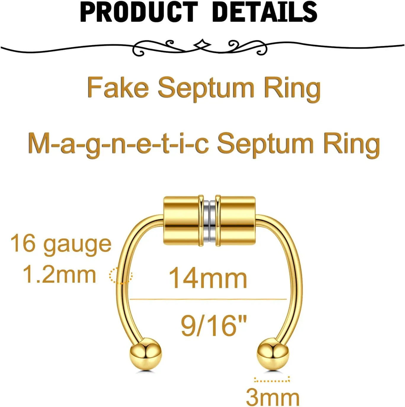 MODRSA Faux Septum Nose Rings - Clip on Septum Ring, Non Piercing Fake Nose Jewelry - Silver, Gold, Black