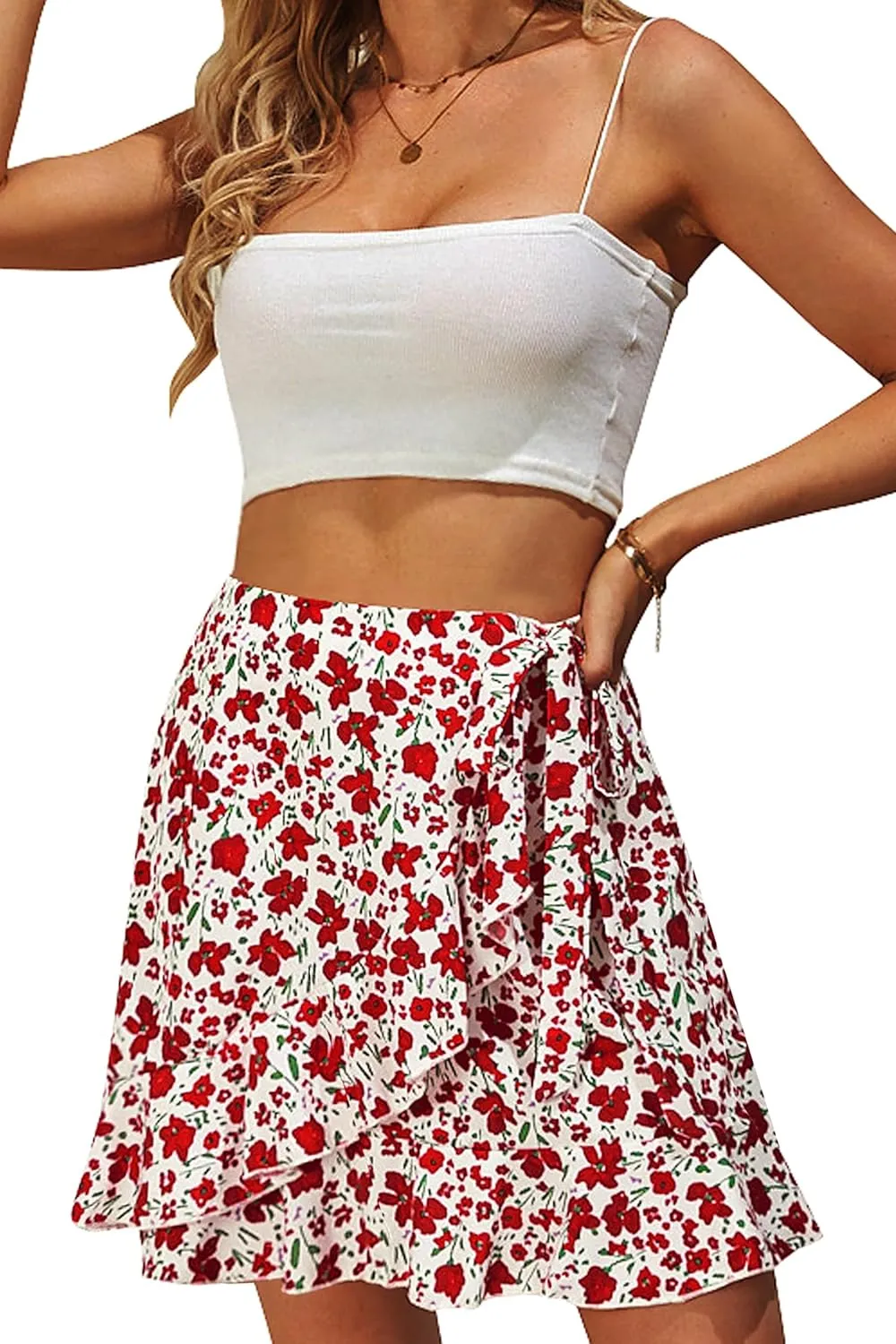 Naggoo Women's Summer Wrap Floral High Waist Ruffle Short Mini Skirts