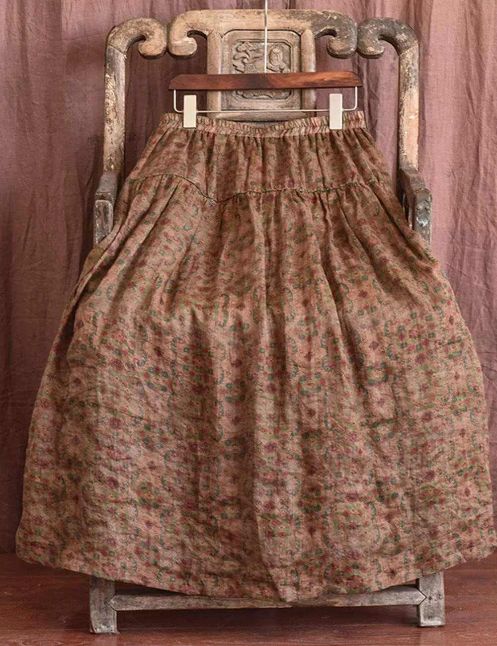 NFYM Women's Boho Floral Printed Ramie Elastic Waist Cotton Lining Long Maxi Skirt