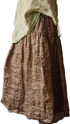 NFYM Women's Boho Floral Printed Ramie Elastic Waist Cotton Lining Long Maxi Skirt