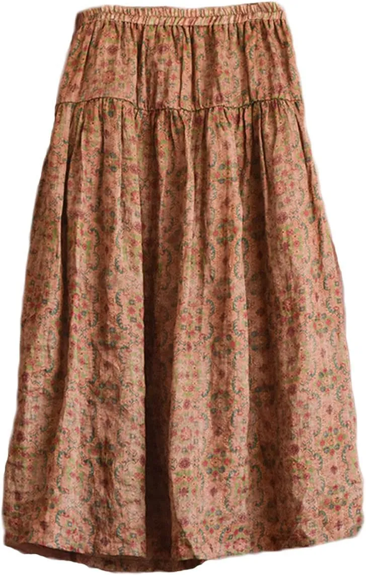 NFYM Women's Boho Floral Printed Ramie Elastic Waist Cotton Lining Long Maxi Skirt
