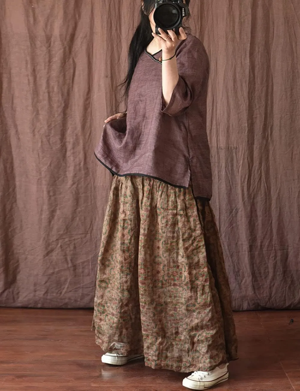 NFYM Women's Boho Floral Printed Ramie Elastic Waist Cotton Lining Long Maxi Skirt