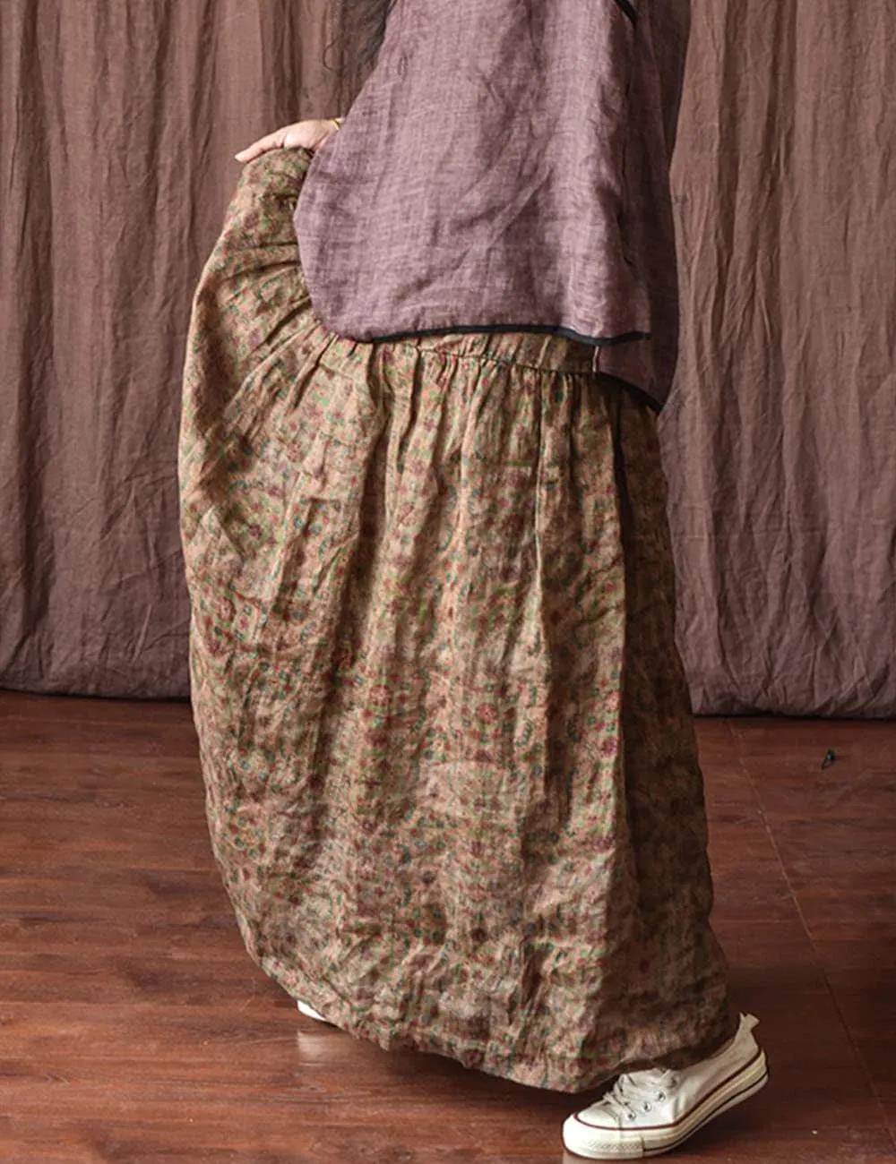 NFYM Women's Boho Floral Printed Ramie Elastic Waist Cotton Lining Long Maxi Skirt