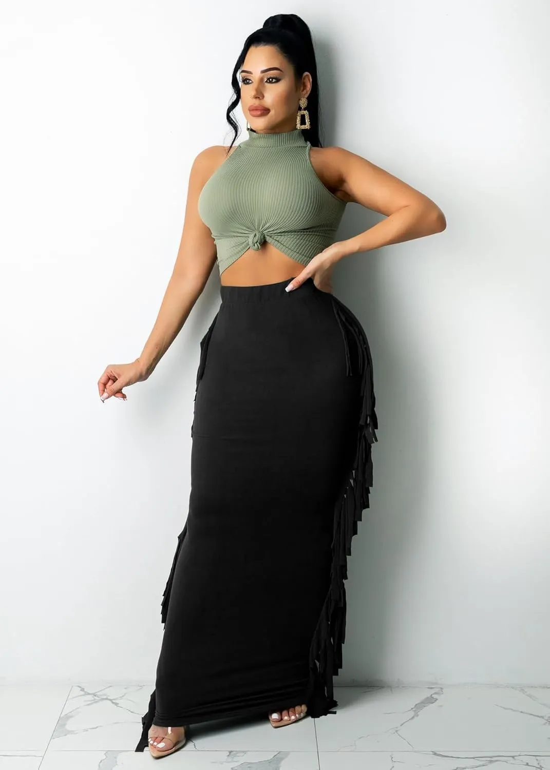 Nimsruc Women's Elastic Waist Slim Sexy Bodycon Skirts Party Club Night Out Long Pencil Maxi Skirt with Side Tassels