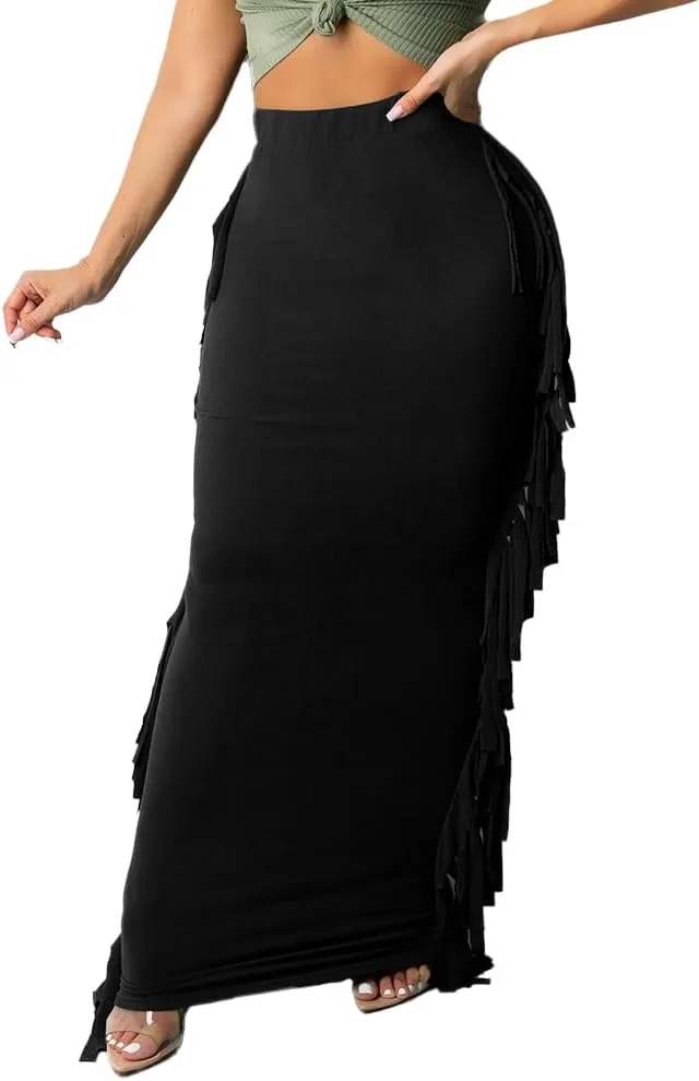 Nimsruc Women's Elastic Waist Slim Sexy Bodycon Skirts Party Club Night Out Long Pencil Maxi Skirt with Side Tassels