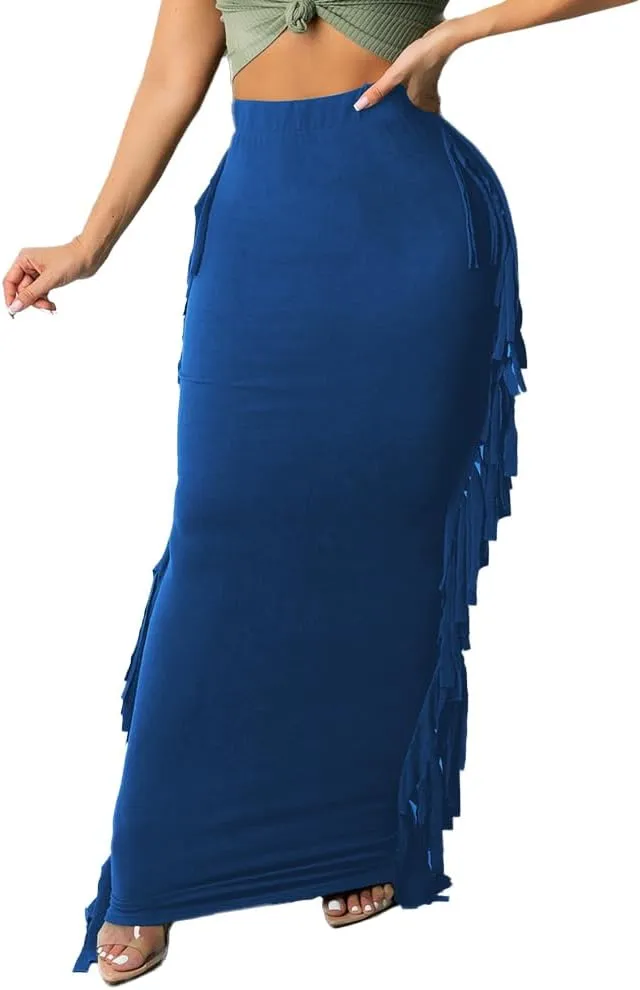 Nimsruc Women's Elastic Waist Slim Sexy Bodycon Skirts Party Club Night Out Long Pencil Maxi Skirt with Side Tassels
