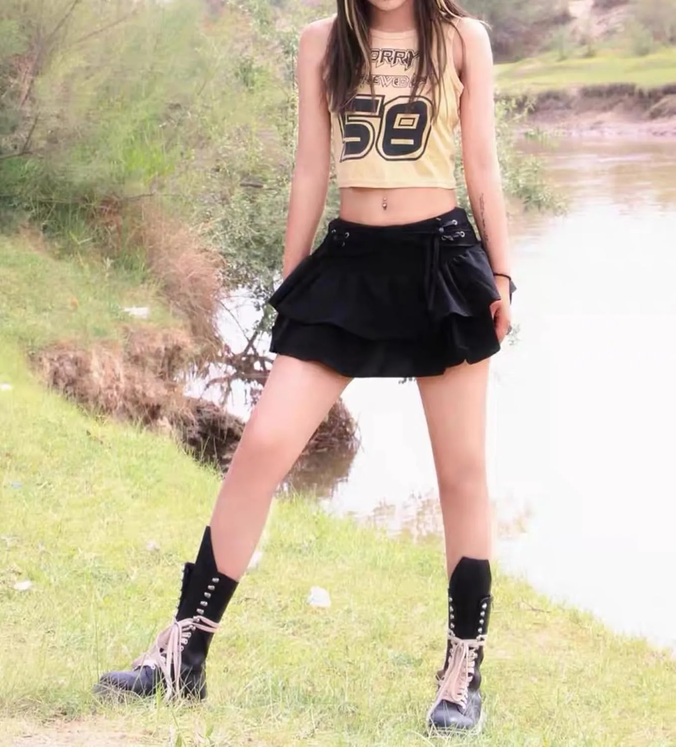 OCUH Y2K Mini Tiered Skirt Fluffy Ruffle Lace-Up Gothic Aesthetic Pleated Skirt with Shorts Underneath 2000s Cutecore Clothes