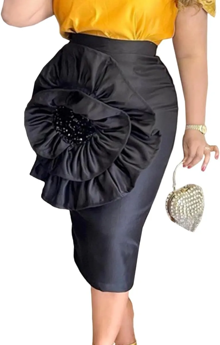 ONTINVA Stylish Women Black Bodycon Midi Skirt with Big Flower Sequins High Waist Fitted Skirts Party Club
